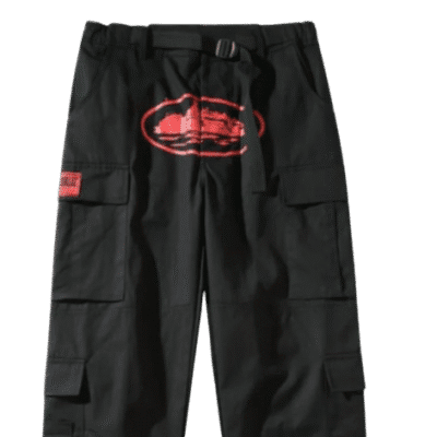 corteiz-purp-guerillaz-cargos-black-red