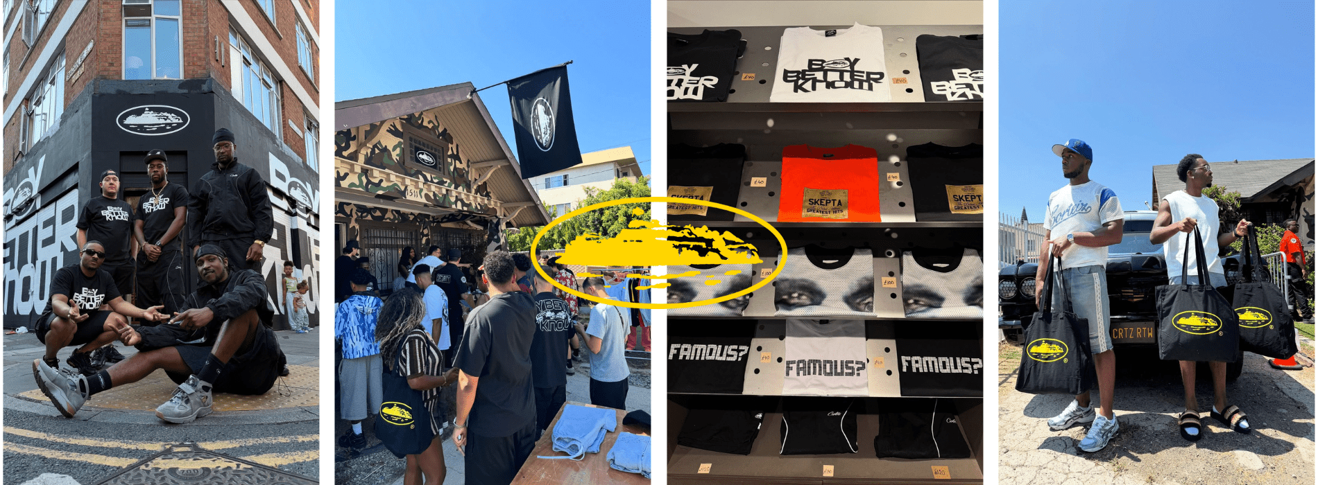 corteiz streetwear banner featuring groups of people wearing boy better know apparel, corteiz logo merchandise, and tote bags in urban and outdoor settings.